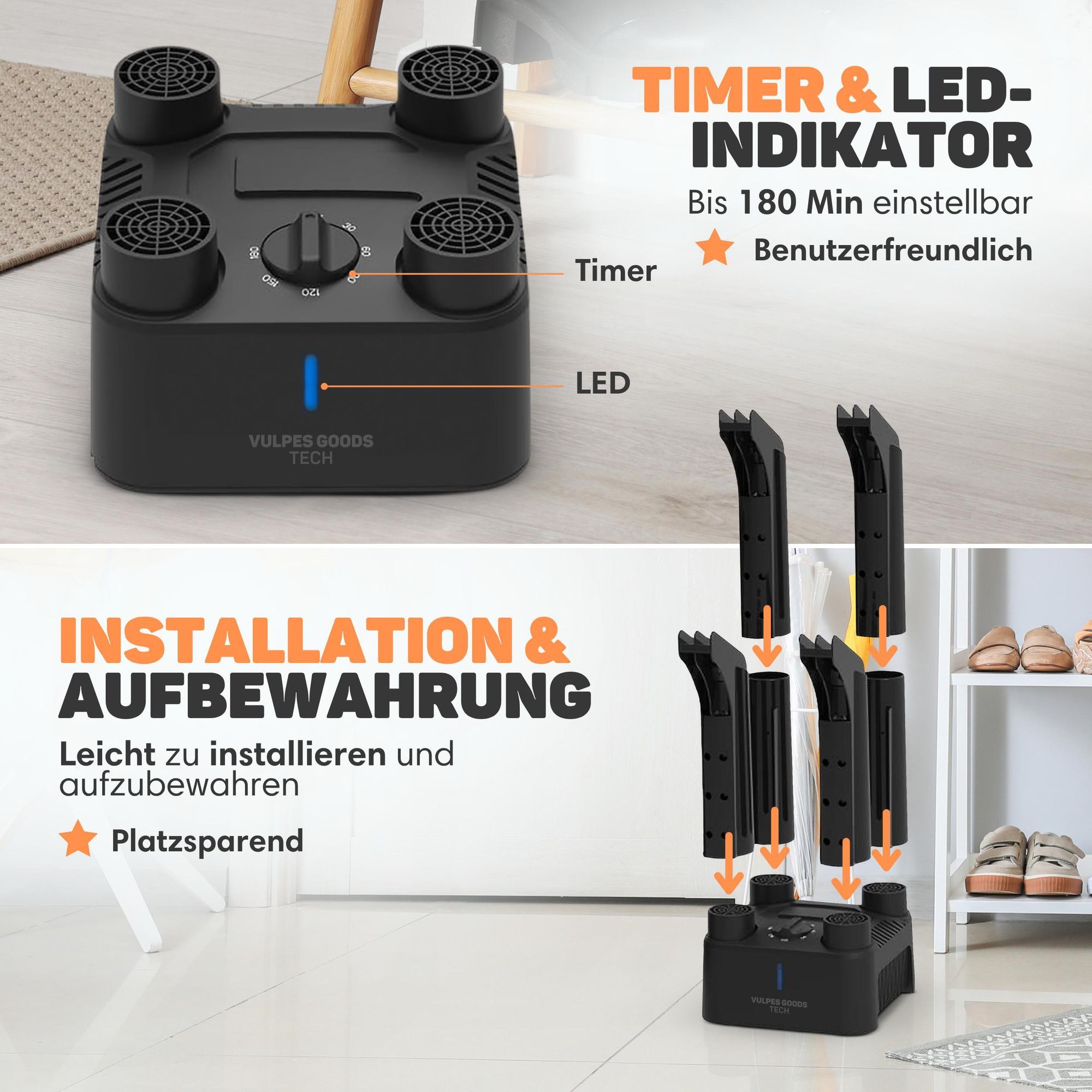 Vulpes Goods Schuhtrockner, Schuherfrischer, Timer, Ozon & Trocknungsfunktion, Geruchsentferner, Fußwärmer, Schuherfrischer, Inkl. 10 Schuhauffrischer