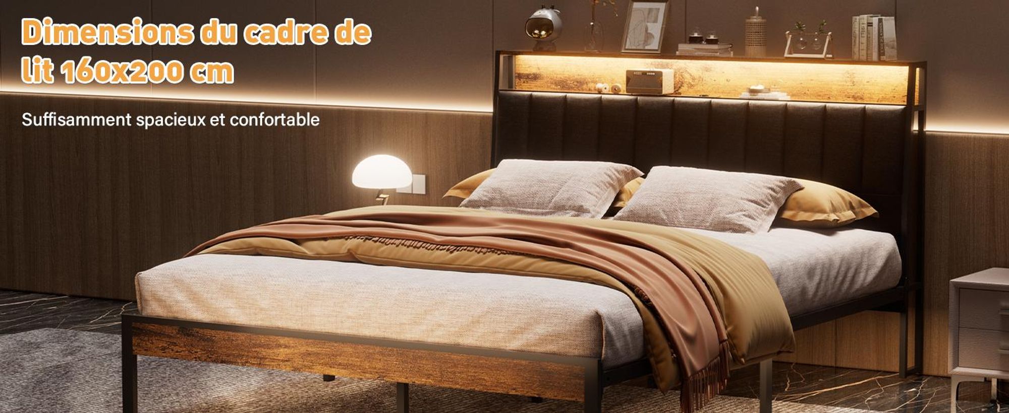 DEWINNER Cadre de lit 160 x 200 avec Sommier en métal, lit 2 Personnes, avec lumières LED et Prises Multiples (1 Prise AC, 2 Ports USB), avec casier