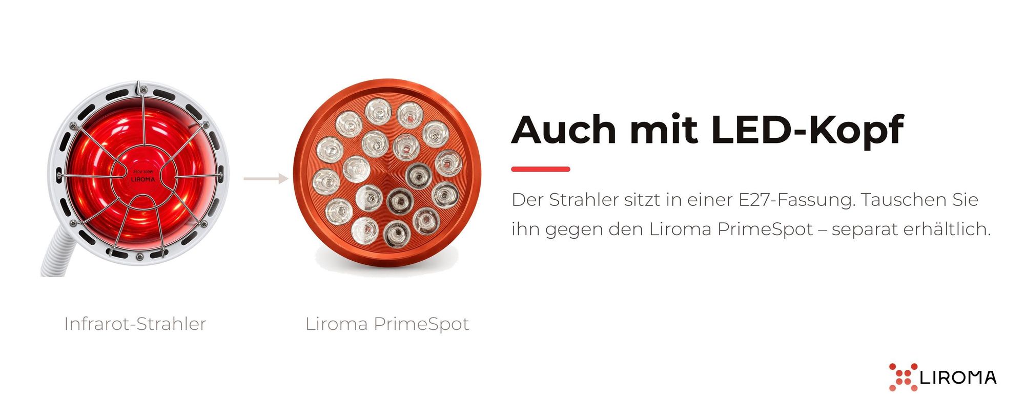 Infrarot-Strahler mit E27-Fassung, austauschbar gegen den LED-Kopf Liroma PrimeSpot