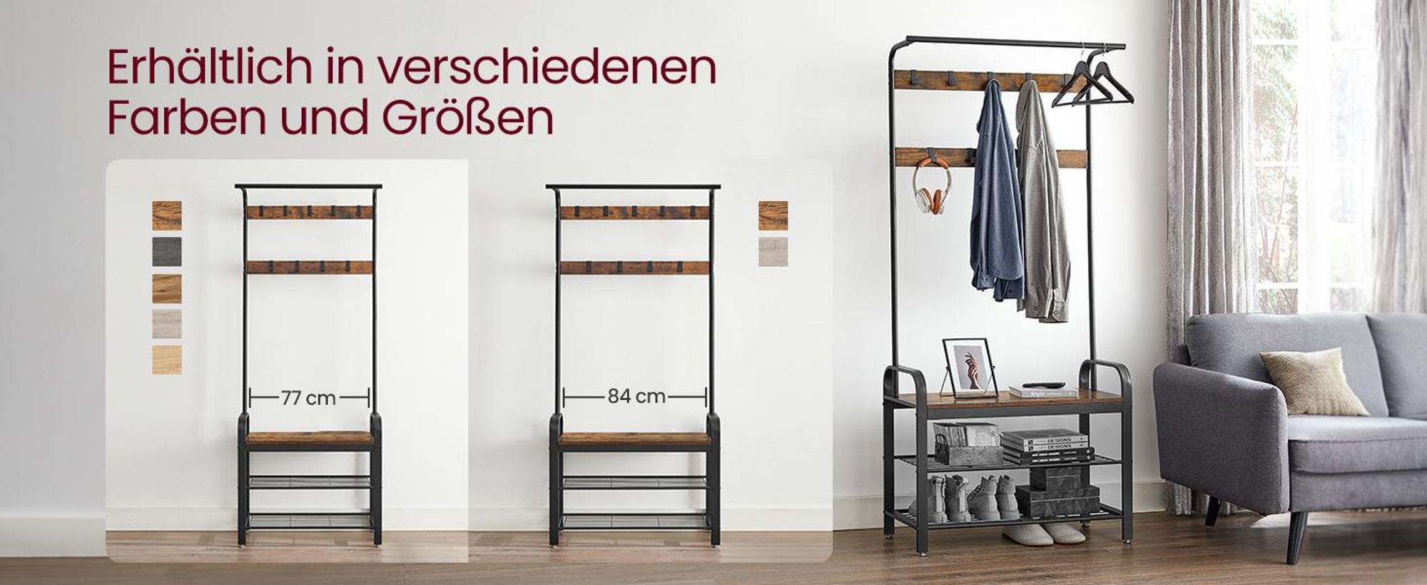 VASAGLE Garderobenständer, Schuhregal mit Sitzfläche, Kleiderständer mit 9 abnehmbaren Haken, Sitzbank, 2 Gitterablagen, 183 cm hoch, Industrie-Design