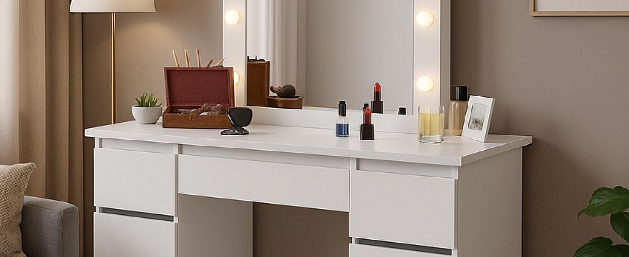 Juskys Schminktisch Talea mit LED, 7 Schubladen & großem Spiegel – Weiß
