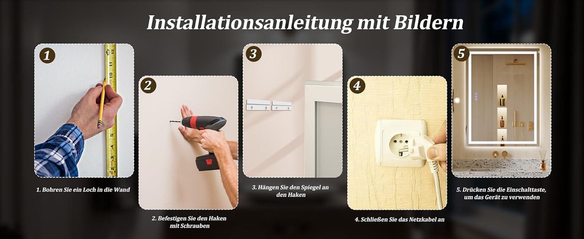 Koonmi 80x60cm LED Badezimmerspiegel - 3 Einstellbare Beleuchtungsmodi, Beleuchteter intelligenter Badezimmer Spiegel , wandmontiert horizontal