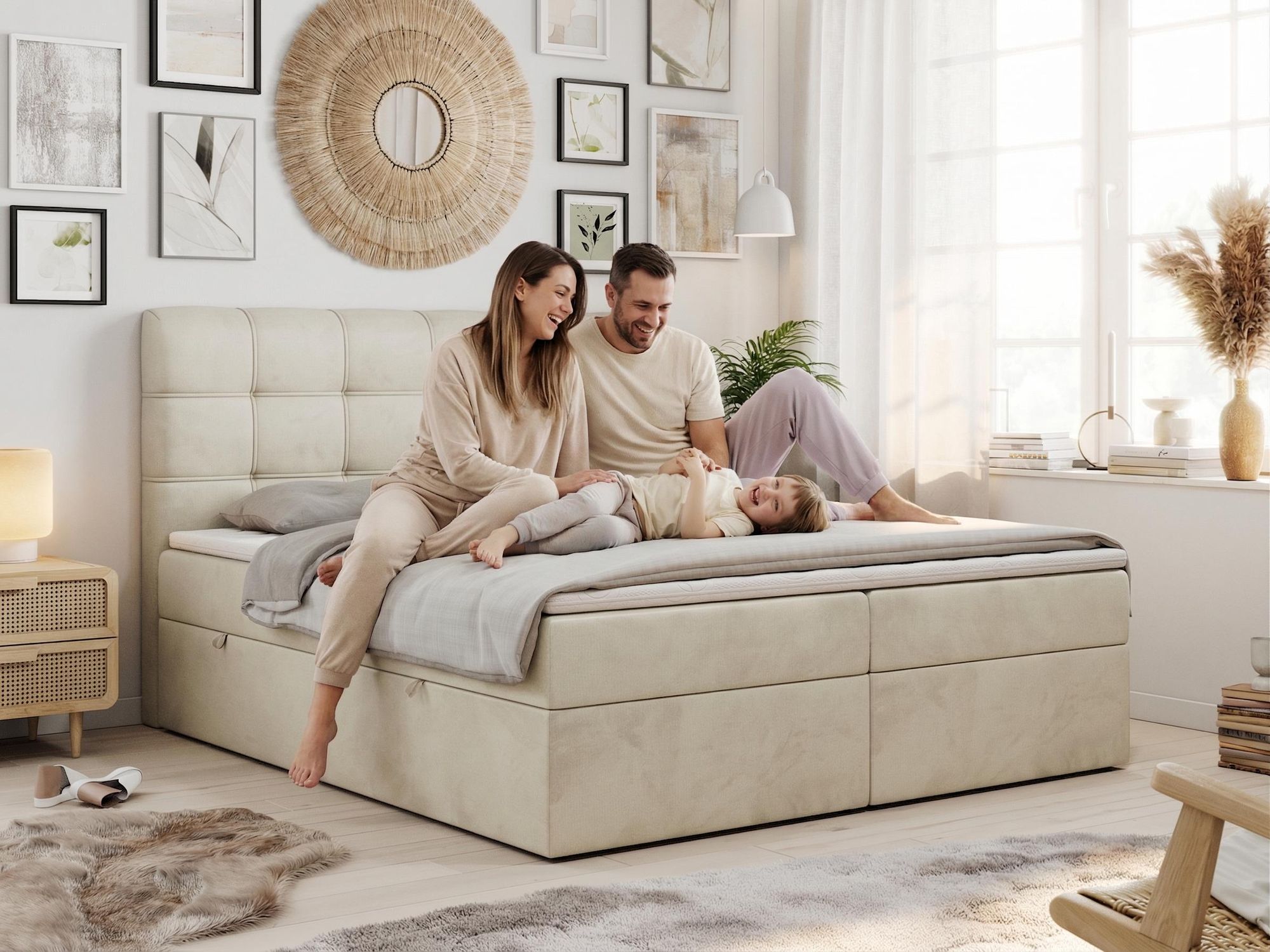 Boxspringbett zwei Bettkästen, Doppelbett mit Kopfstütze - FAST - 160x200cm - Dunkelgrau - H4