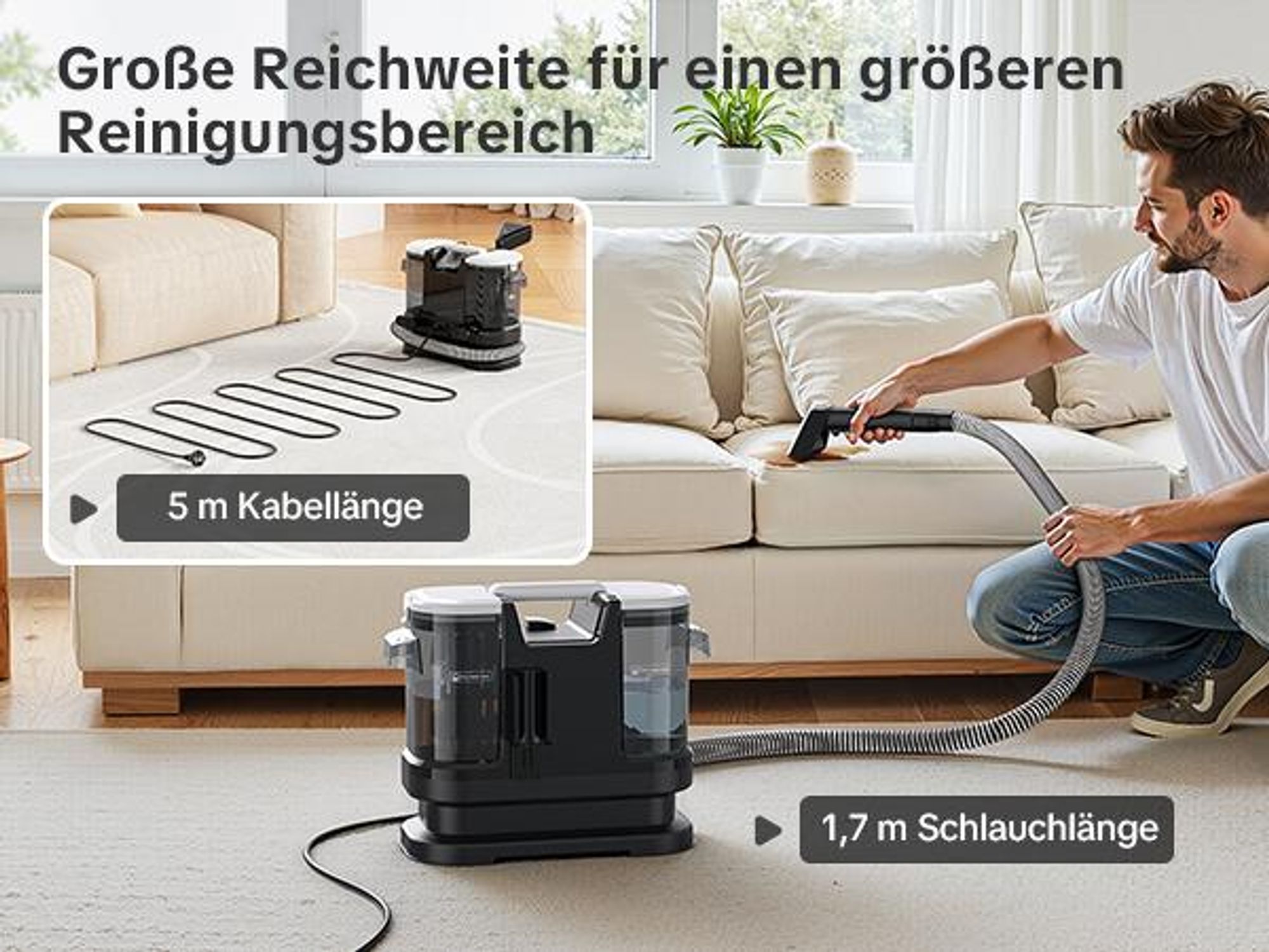 Lubluelu Teppichreiniger Waschsauger 15000 Pa / 600 W, Nasssauger für Teppich, Polster & Auto, Großer Wassertank, Lange Kabel, inkl. Zubehör, black,A6