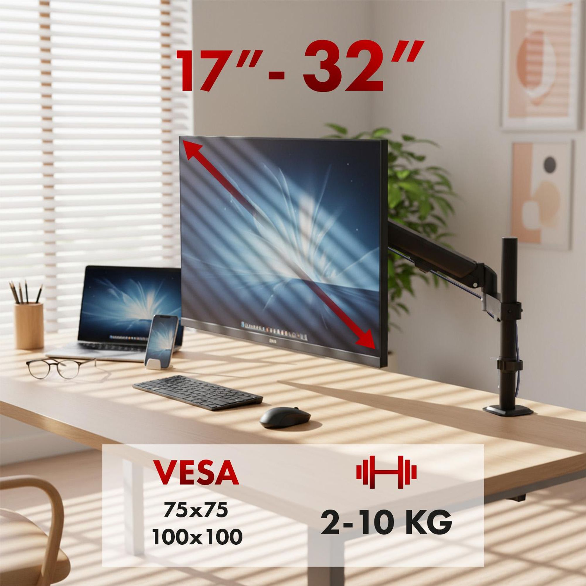 Maclean Monitorhalterung Gasfeder 17"-32" 2-10kg schwarz MC-135