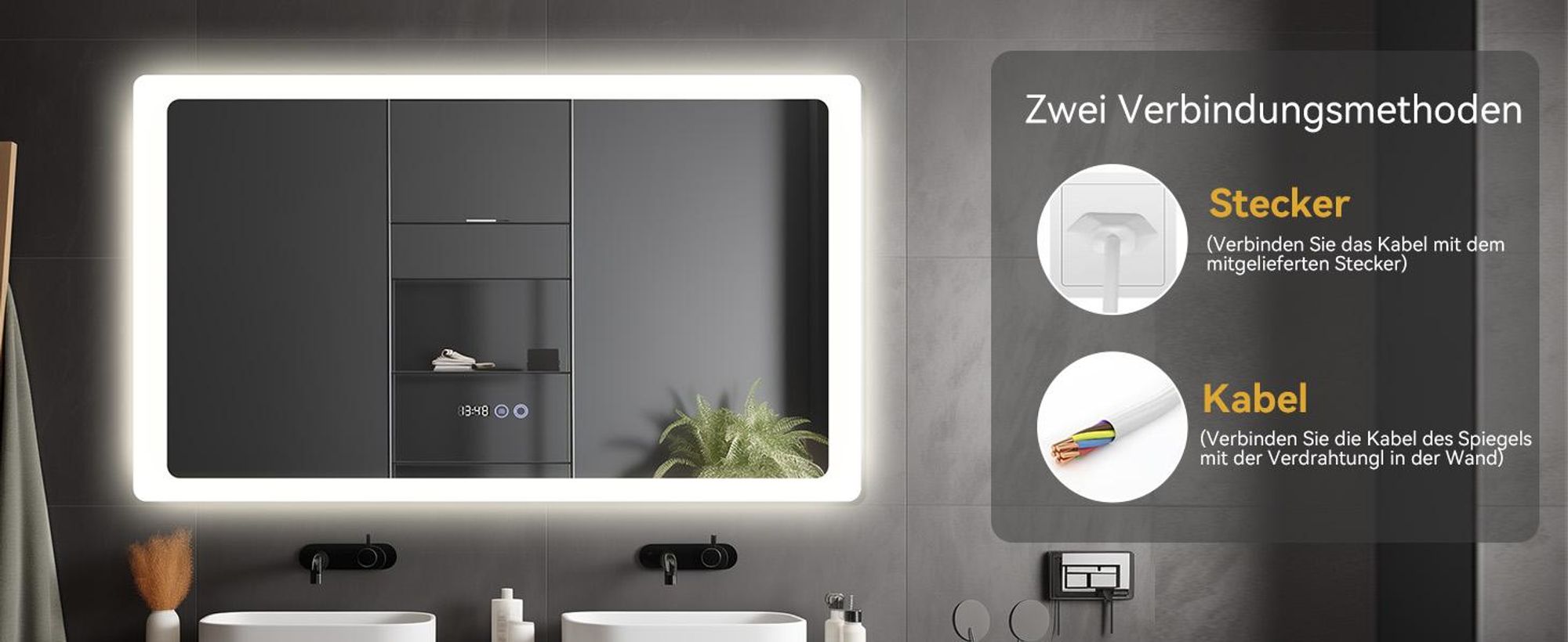 Puluomis Badspiegel mit Beleuchtung beschlagfrei 100x60, mit Uhr und Temperatur Badezimmerspiegel LED 6500k dimmbar spritzwassergeschützt