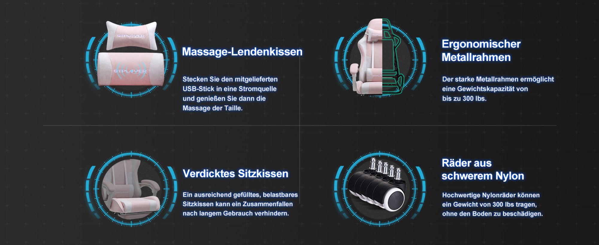 GTPLAYER Bürostuhl Gaming Stuhl Stoff Gaming Sessel Ergonomischer Gamer Stuhl mit Fußstütze, Kopfstütze Lendenkissen, Gepolstert Gaming Chair, rosa