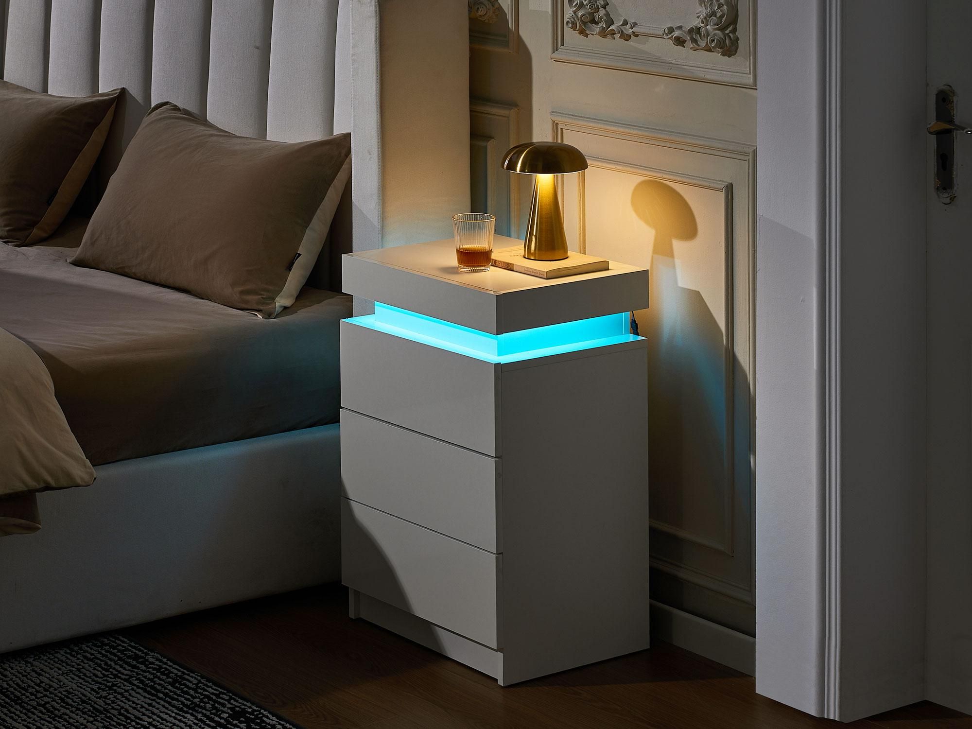 CLIPOP 3-Schubladen-Nachttisch aus Hochglanz mit LED-Lichtleiste,Weiß