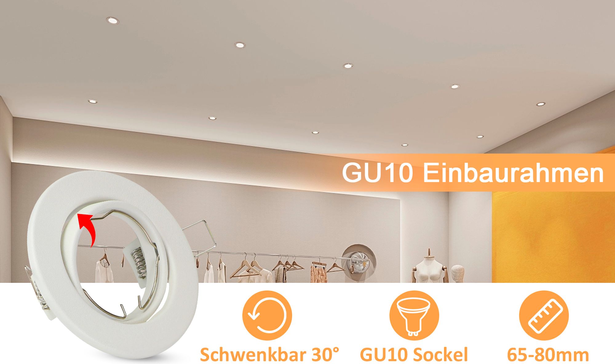 ZMH 6ER Set Einbaurahmen Weiß GU10 Einbaustrahler Rahmen mit Sockel Lochdurchmesser 50mm Einbauspots Schwenkbar 30°Spot für LED Leuchtmittel Halogen
