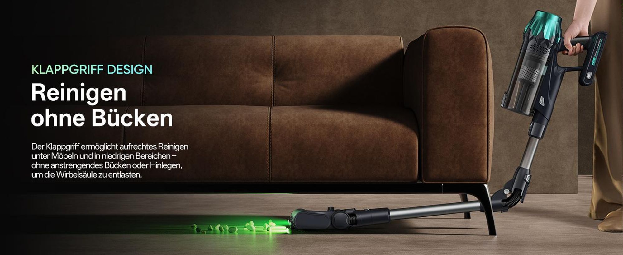 Vactidy V15 MAX Akku Staubsauger mit Wischfunktion, 76KPa/ 600W/65Min Staubsauger Kabellos, Knickrohr, Wandladestation, GreenEye