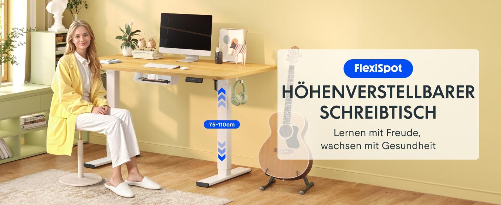 FLEXISPOT QE1 Höhenverstellbarer Schreibtisch 120x60cm EINTEILIGE TISCHPLATTE, 4 Memory-Funktion, Antikollisionsschutz, Haken & Kabelmanagement(Ahorn)