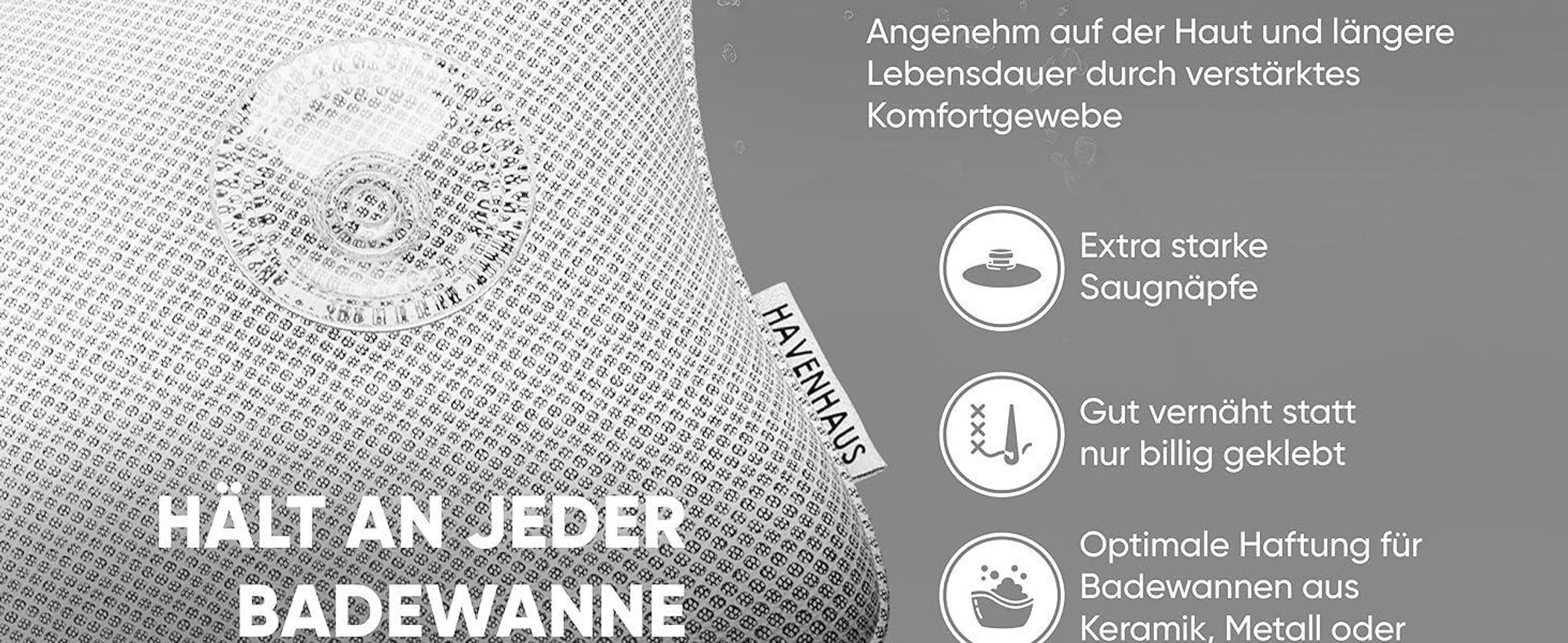 Premium Badewannenkissen grau | Badekissen für Badewanne schnelltrocknend & extra große Saugnäpfe für festen Halt | Nackenkissen Badewanne waschbar