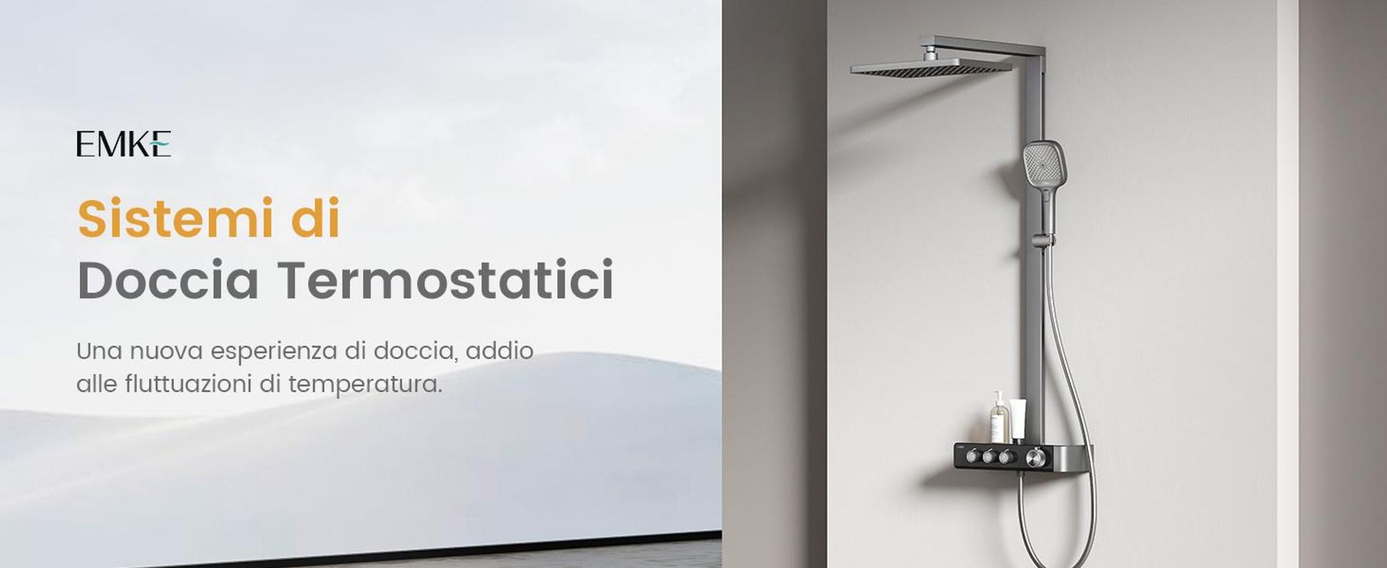Sistema doccia EMKE con termostato Colonna doccia antracite opaca con doccia a pioggia quadrata 360×240 mm, bocca da bagno, regolatore di flusso e mensola in vetro F27