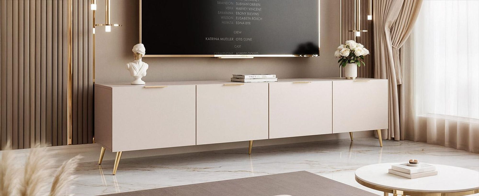 Idohome TV-Lowboard Angel 200 cm Kaschmir – TV-Schrank mit LED-Beleuchtung, Medienmöbel, Fernsehschrank auf goldfarbenen Metallbeinen, Griffe in Gold