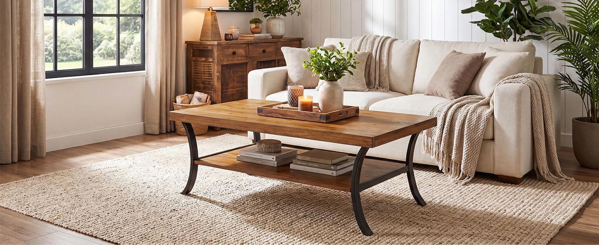 Massivholz Couchtisch, 120 cm Wohnzimmertisch 2 Ebenen, Kaffeetisch mit gebogenen Metallbeinen, rustikaler Sofatisch für Wohnzimmer, Homeoffice