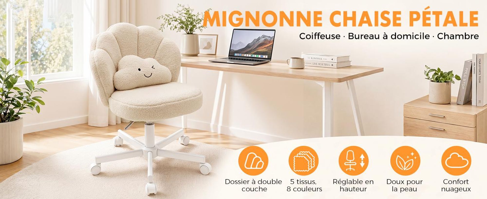 Chaise de bureau COMHOMA, chaise de maquillage à roulettes avec double dossier et coussin moelleux, chaise pivotante réglable en hauteur, tissu Teddy, beige