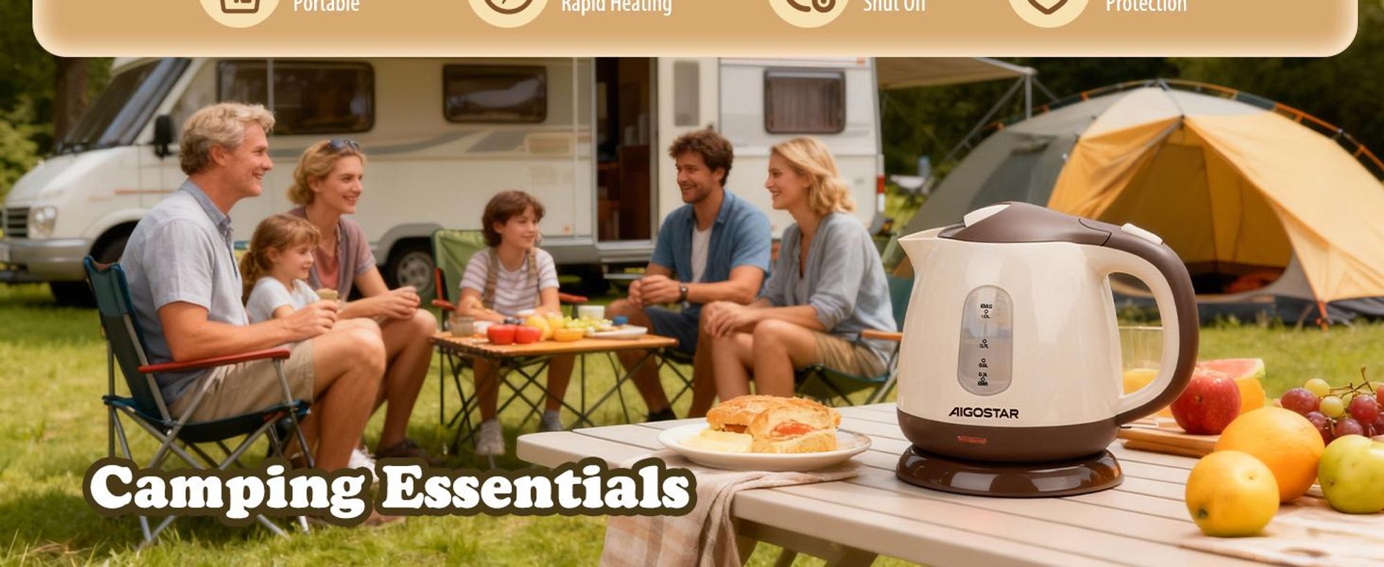 Aigostar- Klein Wasserkocher 1 L, 1100W, Mini Wasserkocher für Schlafzimmer, Reisen, Camping, Abnehmbarer Filter, Braun