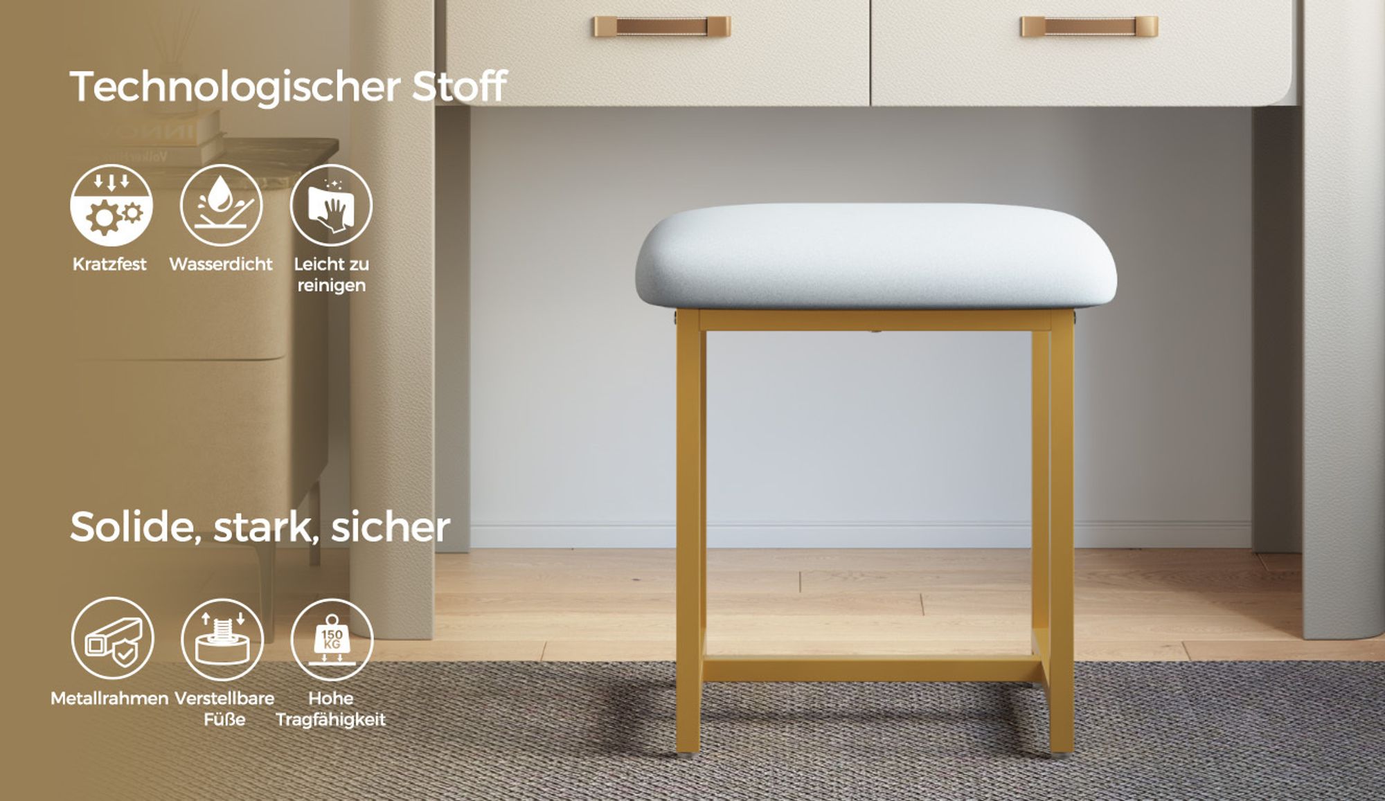 Mondeer Schminktisch-Hocker mit Metallrahmen & Technikstoff – Robust, Komfortabel, Platzsparend 41x31x44,5 cm