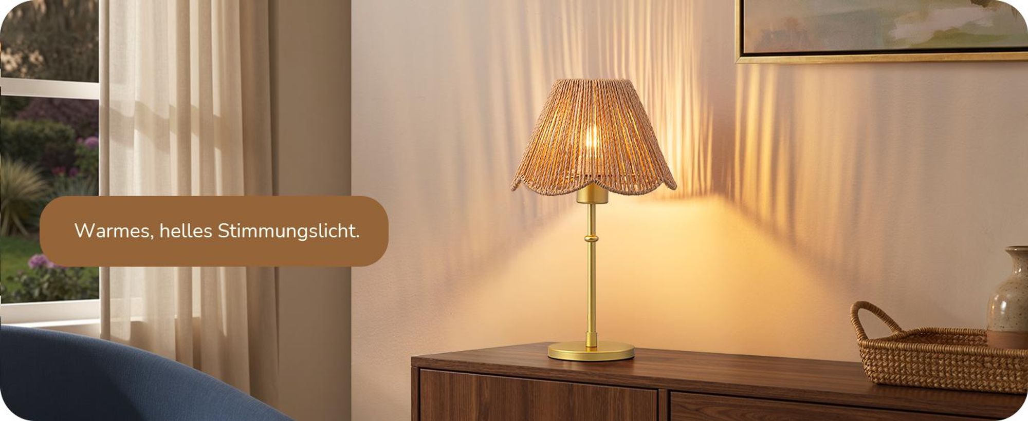Nachttischlampe EDISHINE Nachttischlampe mit handgeflochtenem Papierseil-Schirm LED wechselbar, Warmweiß, Gold Inklusive 4W LED, 2700K Warmweiß