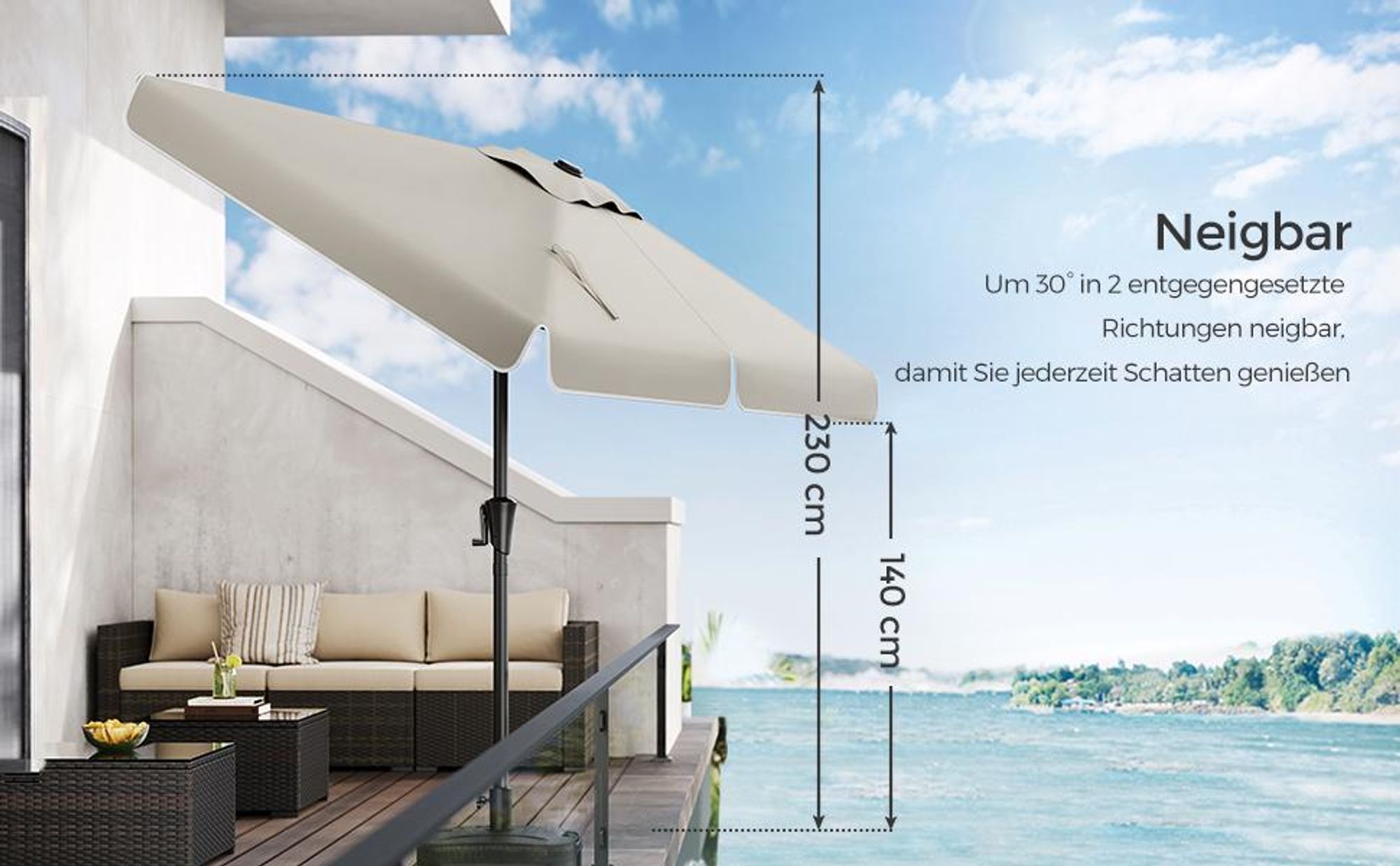 SONGMICS Sonnenschirm Balkonschirm UPF 50+ 200 x 150cm beidseitig um 30° knickbar