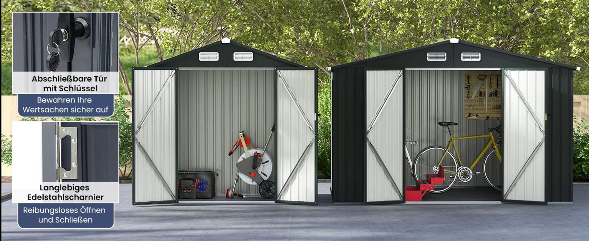 COSTWAY Gerätehaus Metall, Geräteschuppen mit 4 Lüftungen&abschließbare Türen, Gartenhaus Wetterfest für Garten, Hinterhof, 193x108x196 cm, Dunkelgrau