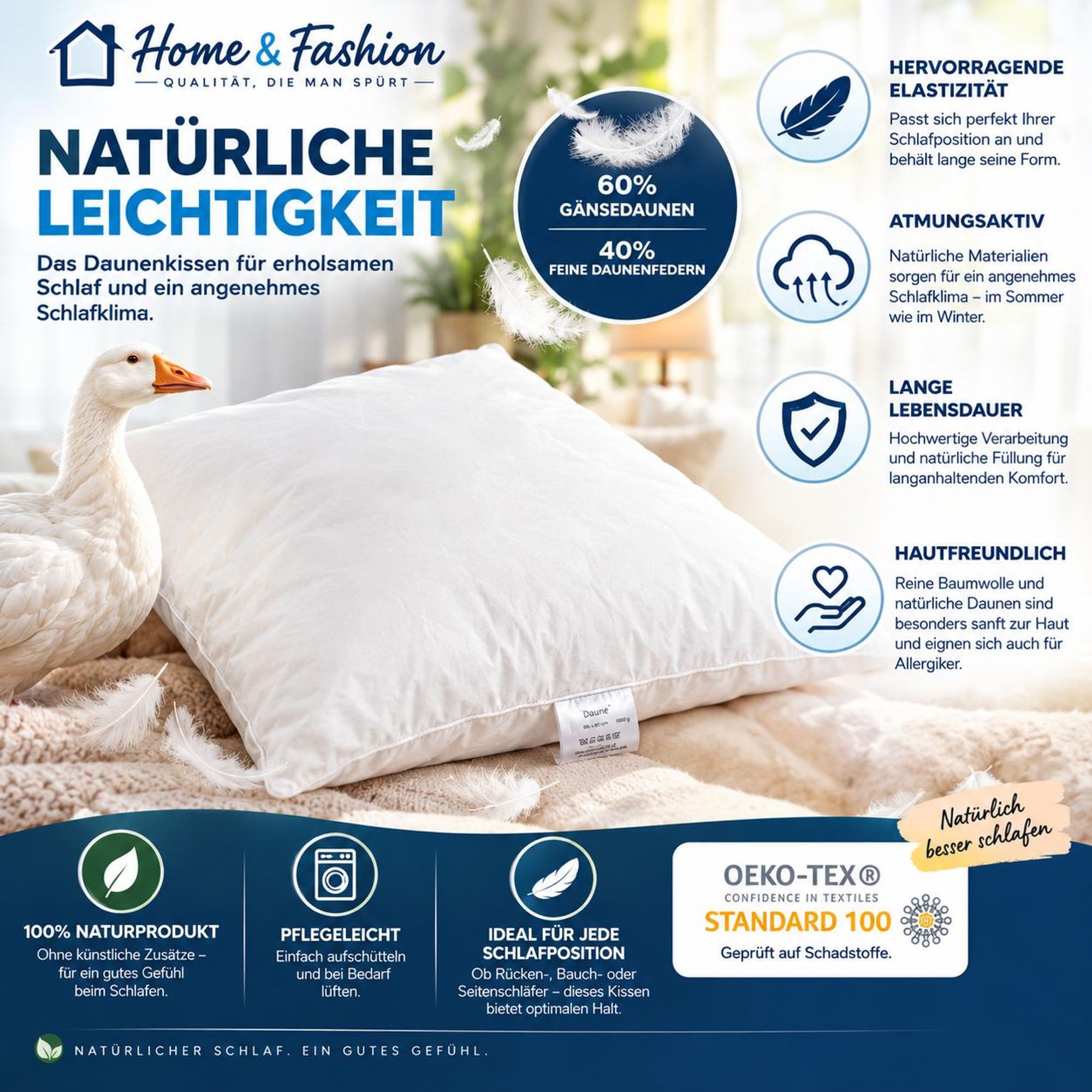 1-er Set | Kopfkissen 80x80 cm | Füllung: 1500 Gramm Daunen | 100% Natur Kissen | Bezug: 100% Baumwolle | Daunenkissen 80 x 80 cm