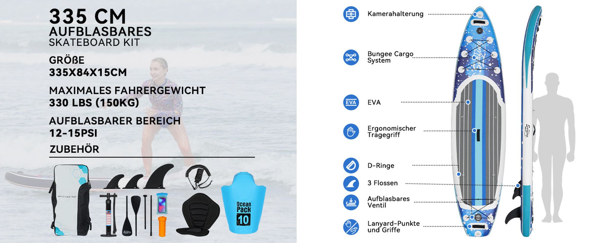 Puluomis SUP Board mit Sitz 335cm, Stand Up Paddle Boards Set, Paddling Paddelboard Surfbrett Aufblasbar, Pumpe Tragetasche, MB. bis 150Kg Blau