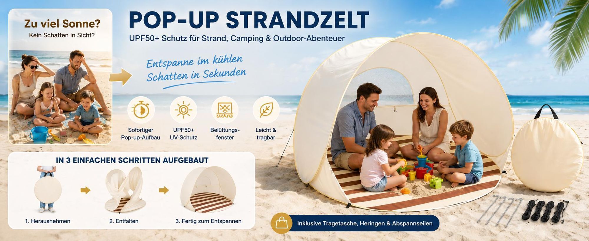 Tragbare Sonnenschutz Strandmuschel, Strandzelt aus 190T wasserdichtem Gewebe, Strand Windschutz - POPYTENT