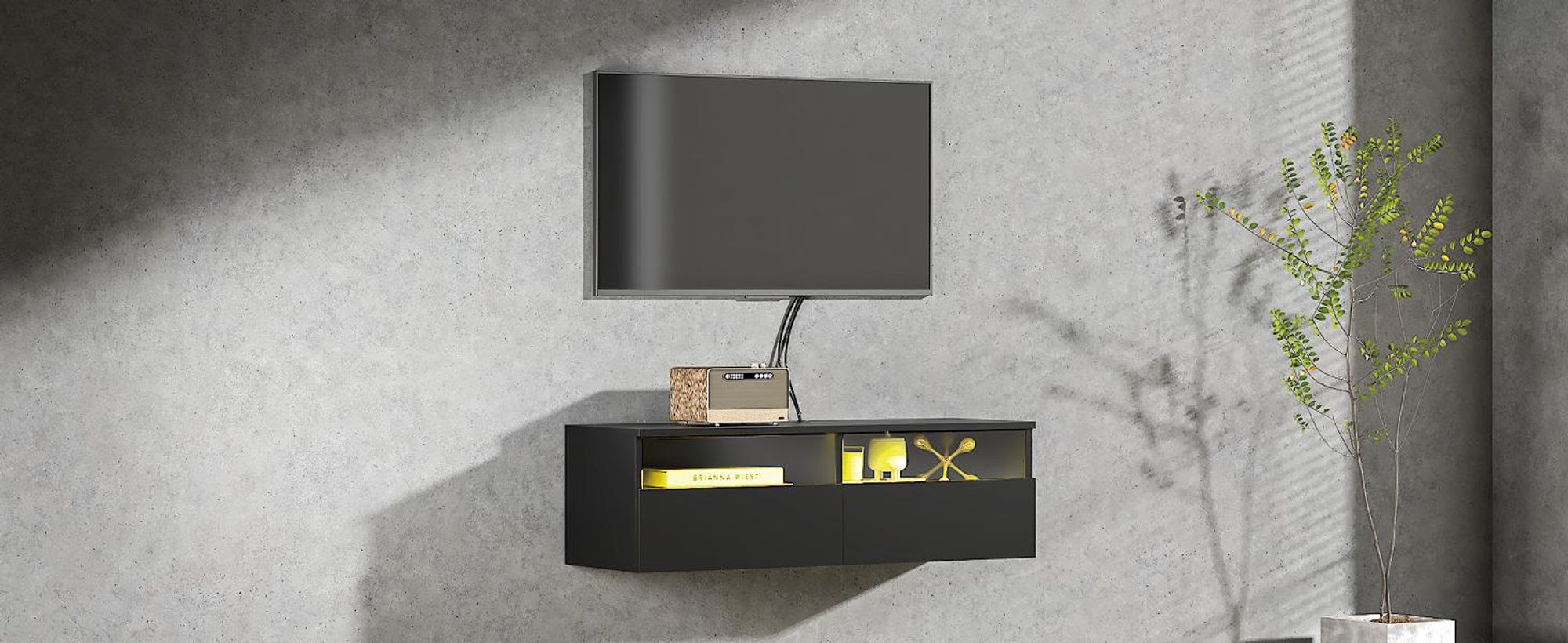 Radelldar Lowboard mit LED-Beleuchtung, TV-Schrank, hängend, grifflose TV-Board, 2 Schubladen mit Acryl, 100 cm, Schwarz