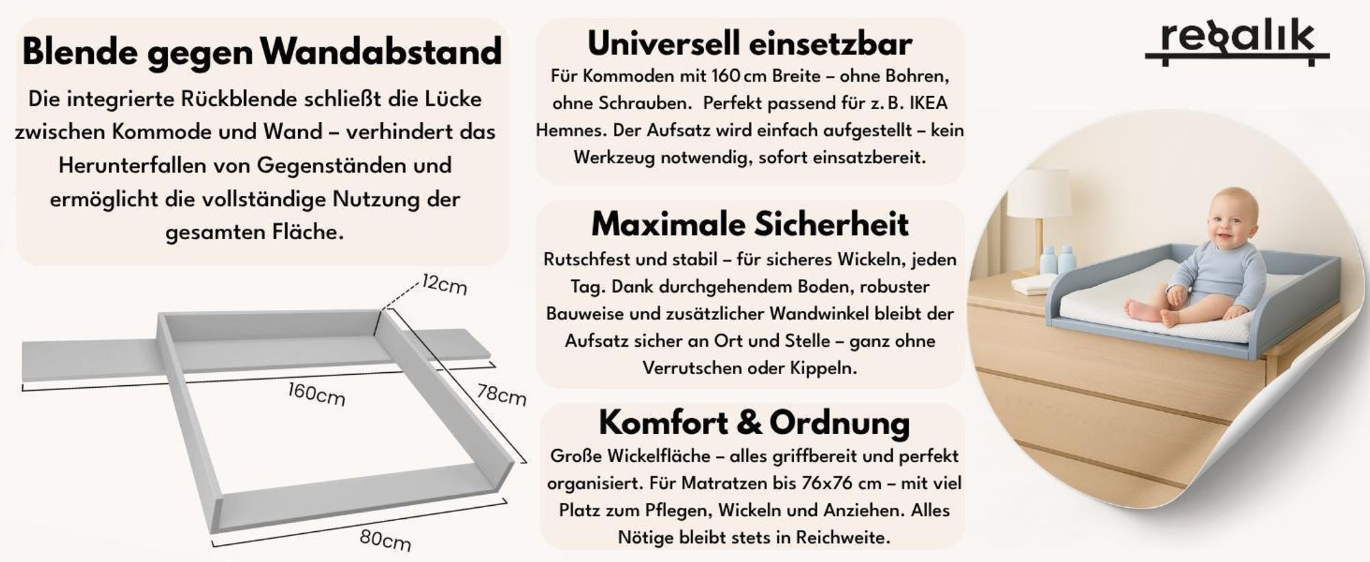 regalik Wickelaufsatz mit Platte für Hemnes von IKEA, Wickeltischaufsatz für 50x160 cm Kommoden, Abnehmbar Wickelkommode aufsatz, Abgerundeten Frontplatten, Weiß Superholz