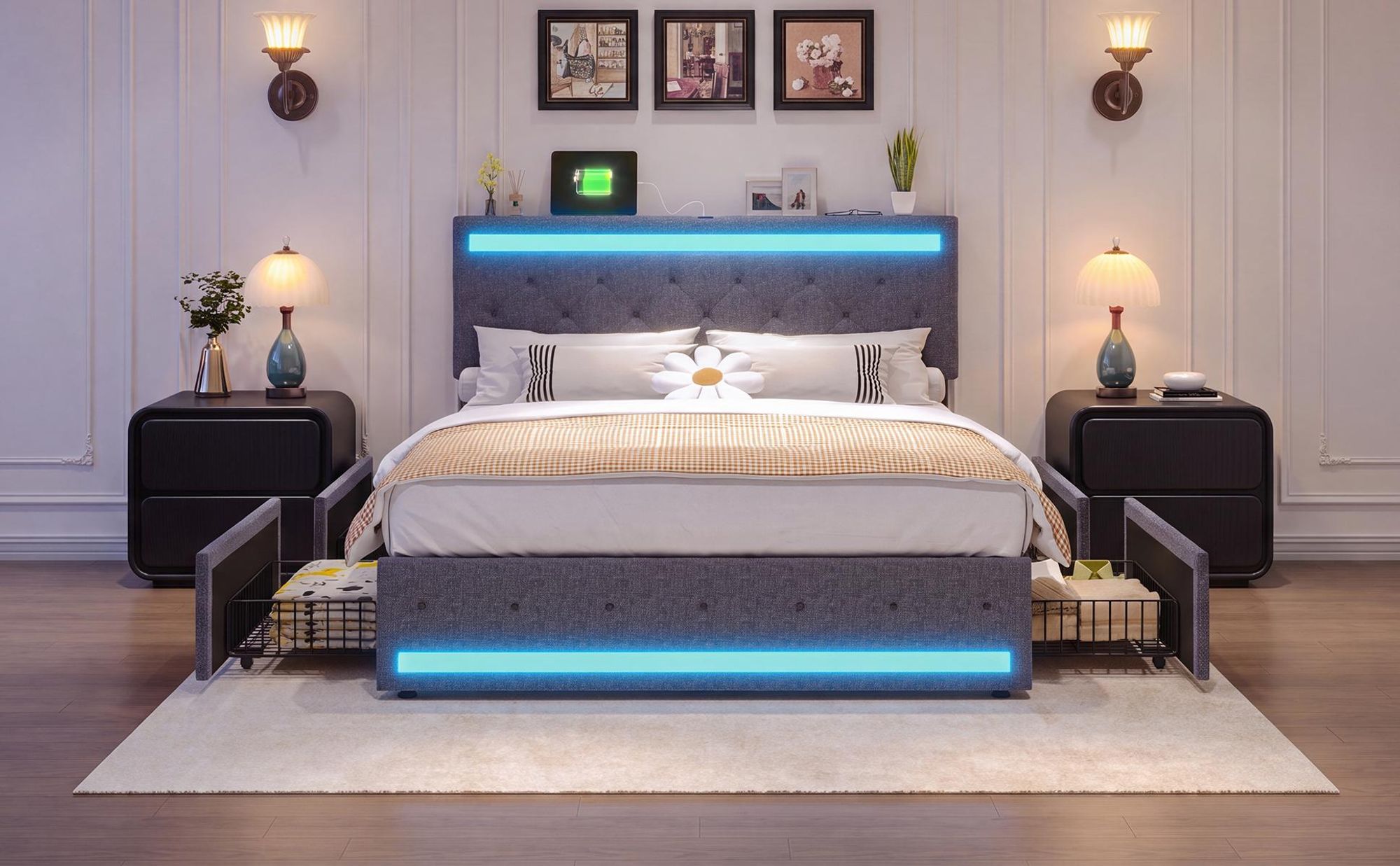 INONEFT Polsterbett 140x200 cm, Modern Boxspringbett mit LED und USB, Jugendbett mit 4 mit Stauraum Schubladen, Ohne Matratze, Leinen Dunkelgrau