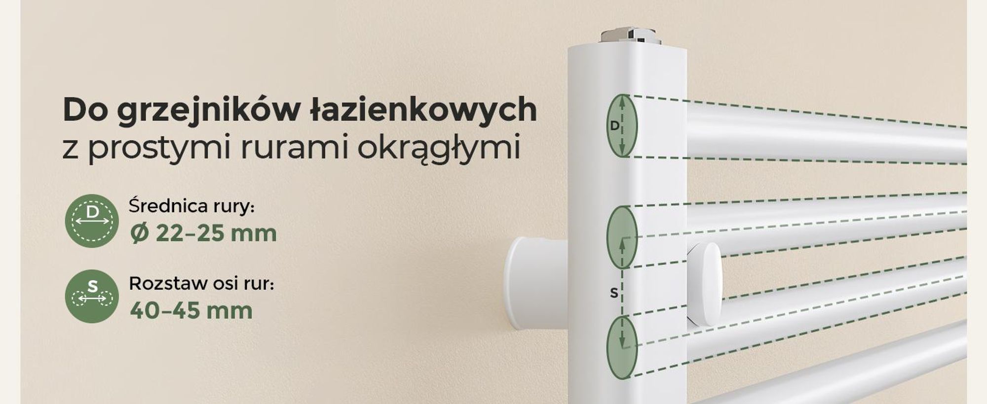 Uchwyty do grzejnika łazienkowego, zestaw 4 szt., białe, do prostych rur okrągłych Ø22–25 mm, Rozstaw osi 40–45 mm, regulacja 20 mm, 1 sztuki