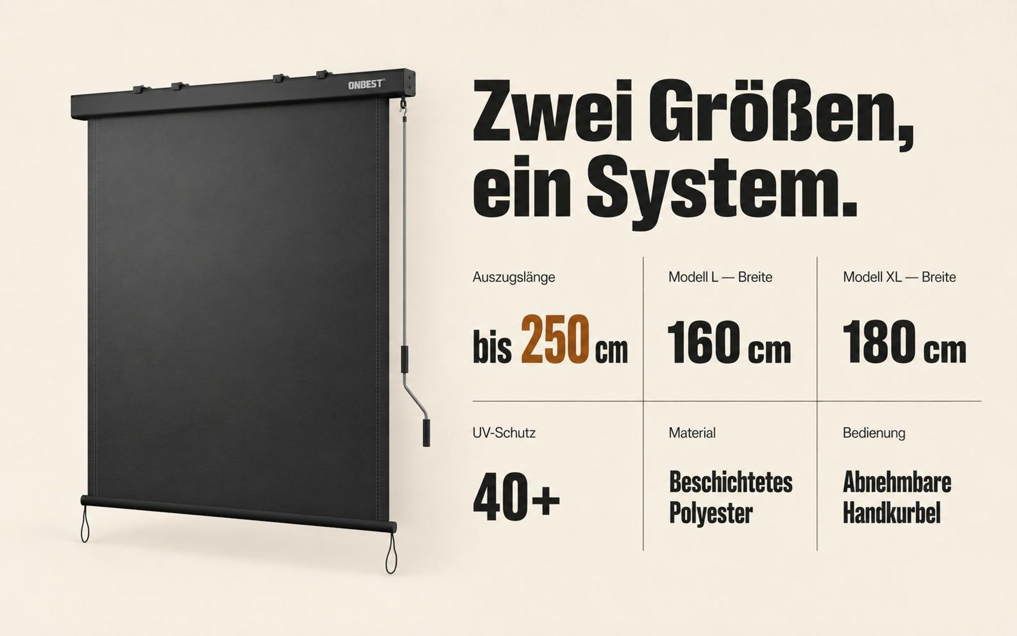 ONBEST Senkrechtmarkise | ohne Bohren | inklusive Montagematerial | Handkurbel | 250 x 160 cm | Wetterfest | Außen