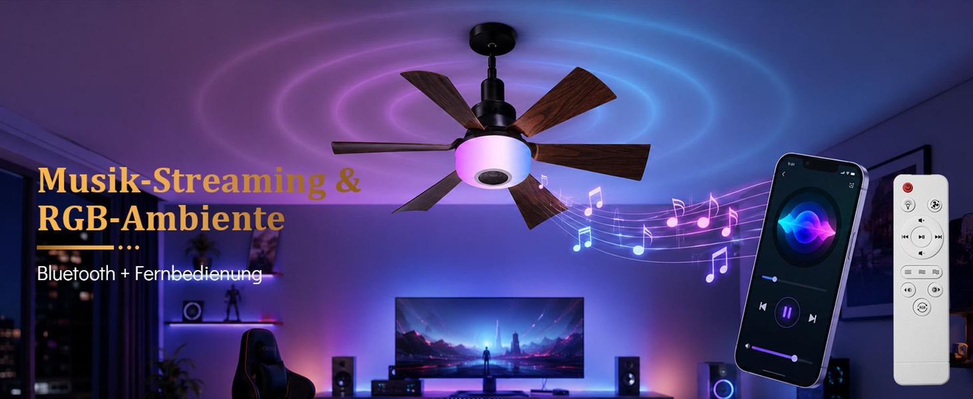 Deckenventilator mit Beleuchtung und Fernbedienung, E27 Fassung, RGB Dimmbar, 3 Windgeschwindigkeit, Einstellbar Höhen, Bluetooth Lautsprecher