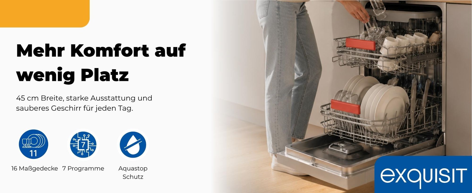 Exquisit Geschirrspüler 11 Maßgedecke | Energieklasse C | 7 Spülprogramme | Aquastop | Besteckschublade | Unterbaufähig | Startzeitvorwahl | Silber