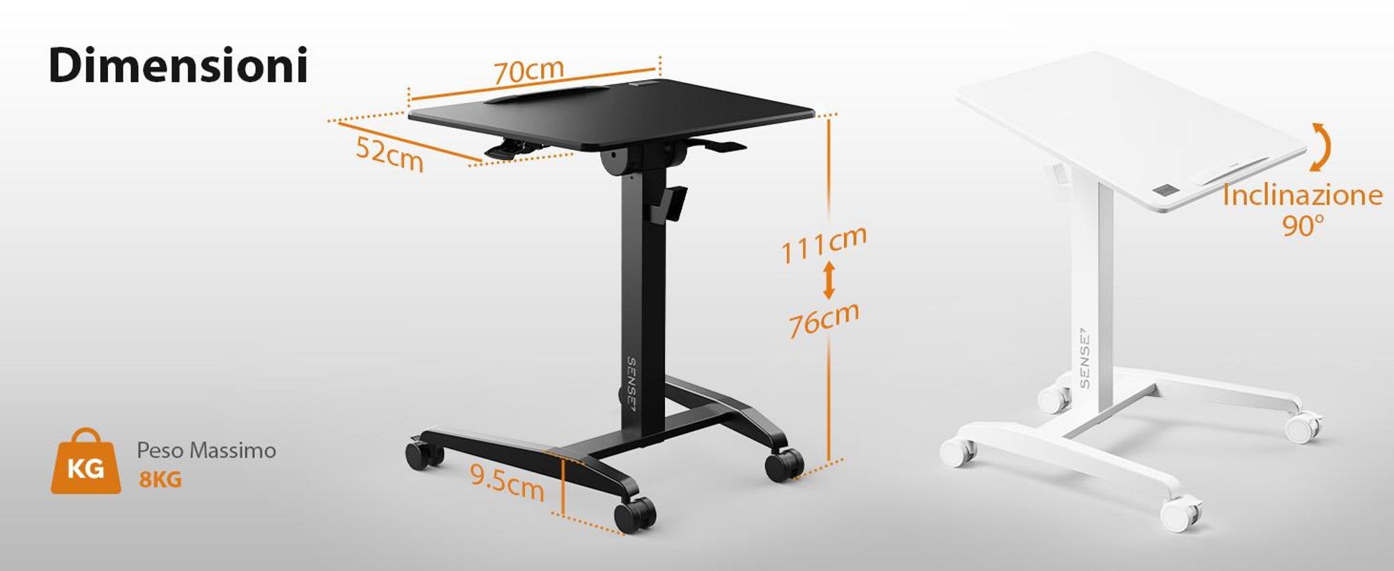 SENSE7 Scrivania su rotelle Scrivania mobile Piano inclinabile Altezza regolabile Ampio piano di lavoro Moderno e minimalista 70 x 52 cm bianco