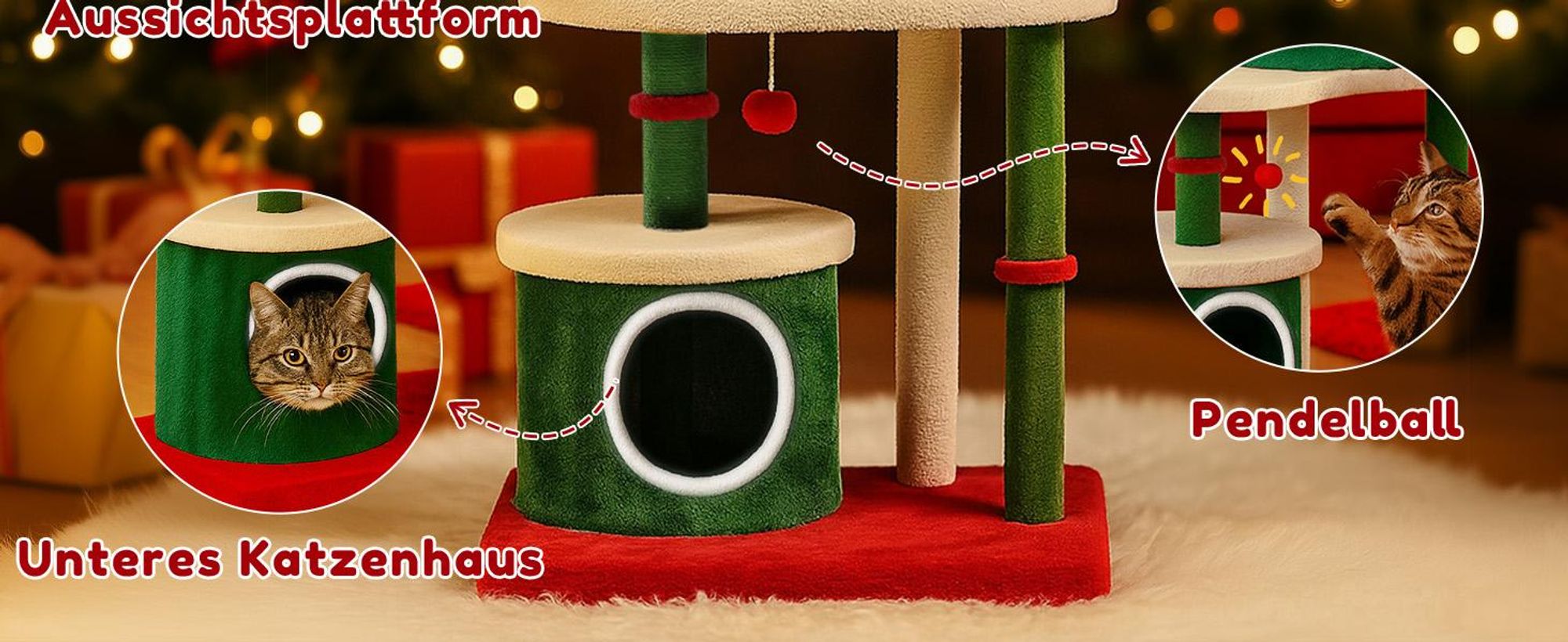 COMHOMA Kratzbaum im Weihnachtsbaum-Design 123cm, Stabiler Katzenbaum Katzenturm mit Kratzsäulen, mehrstöckiges Katzenhaus mit Plattformen & Spielball