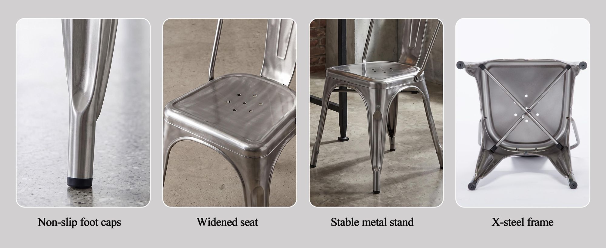 4 stoelen voor de keuken, eetkamerstoelen van metaal, met een houten zitvlak, stapelbaar, kleur: metallic, materiaal: metaal