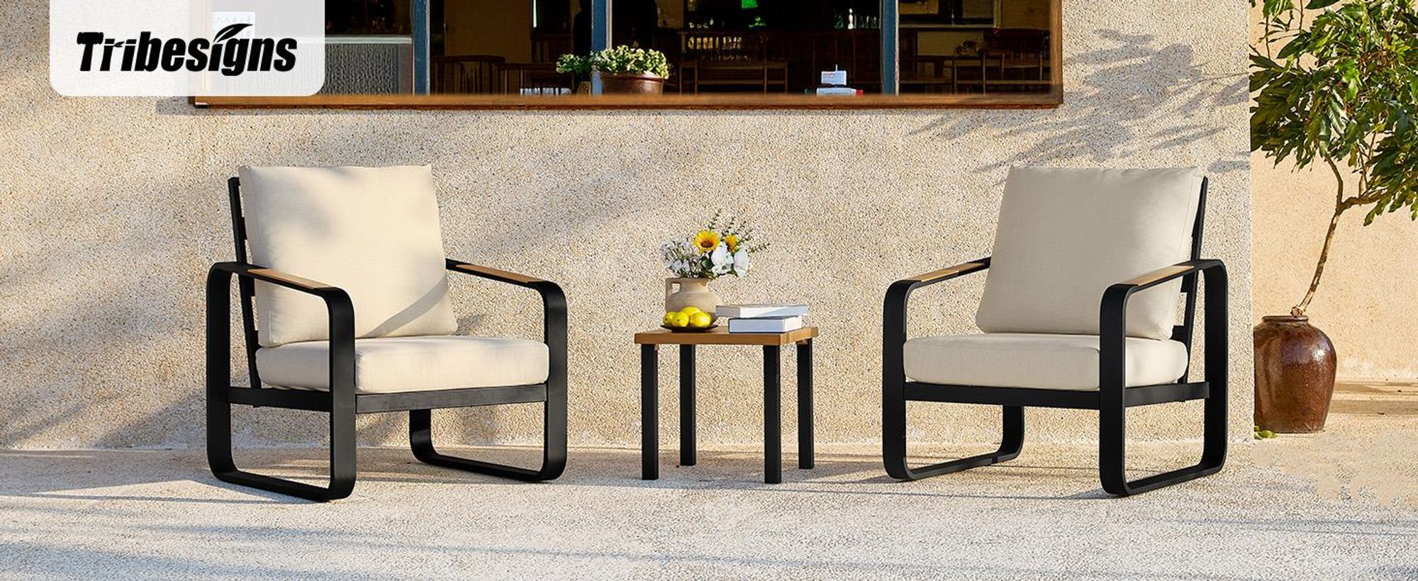 Tribesigns 3-teiliges Terrassenmöbel-Set mit 2 Sesseln und 1 Beistelltisch, schwarzer Metallrahmen mit 15 cm dicken Kissen, modernes Sitzgarnitur für