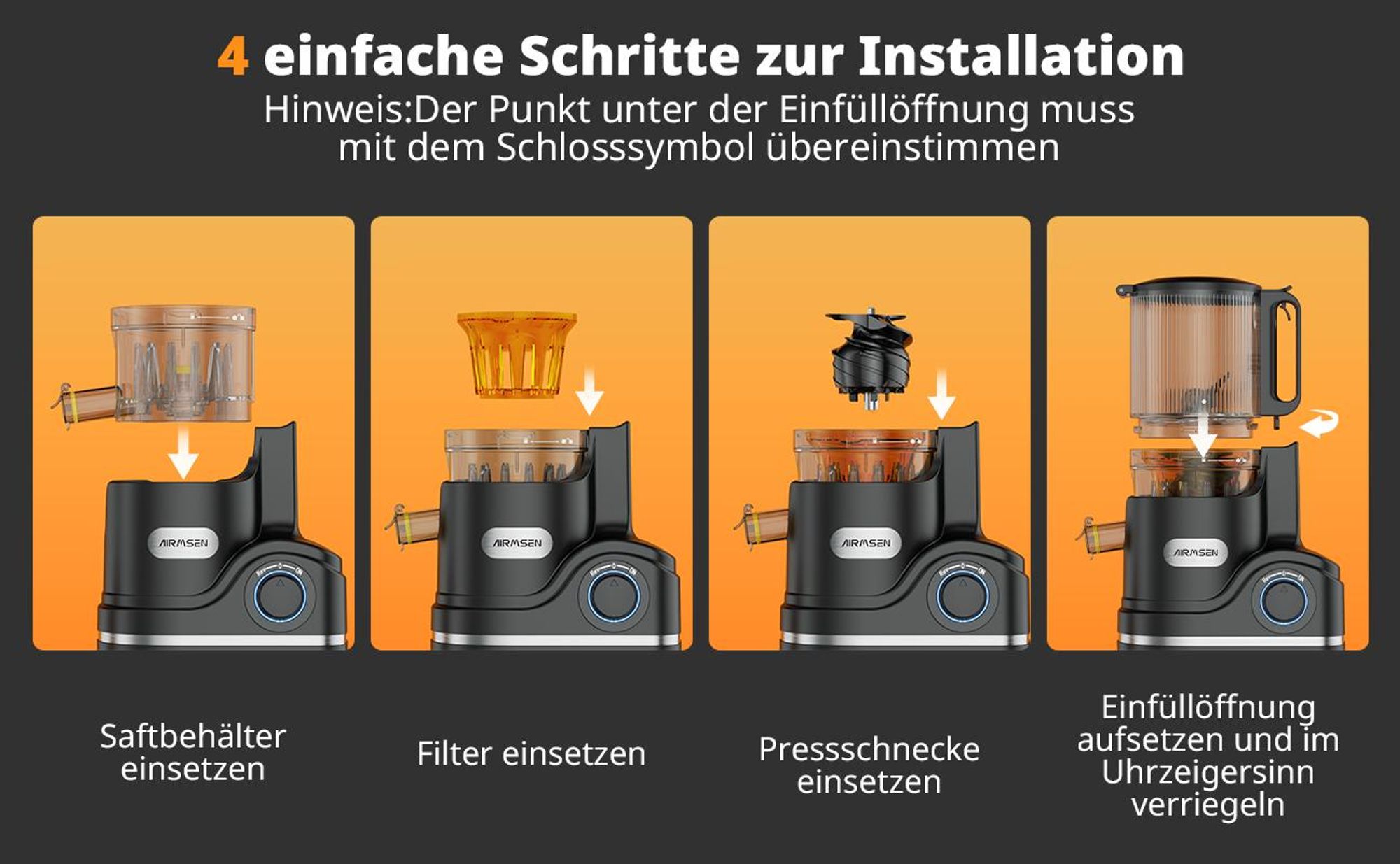 AIRMSEN Entsafter 300W, 140MM Öffnung, 2,1L Entsafter für Gemüse und Obst, Entsafter Slow Juicer mit Dreifachem Filter, Schwarz