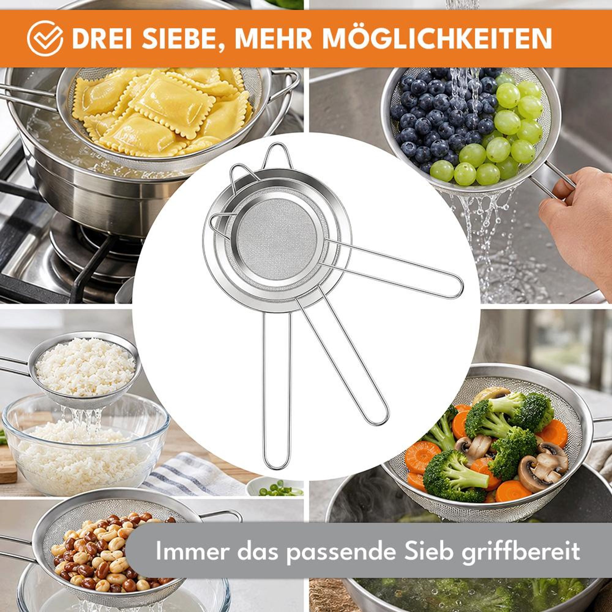 KRUMAD Küchensieb Set 3-teilig, Edelstahl Sieb feinmaschig, Mehlsieb, Passiersieb mit Griff, Abtropfsieb für Küche, Backen und Kochen