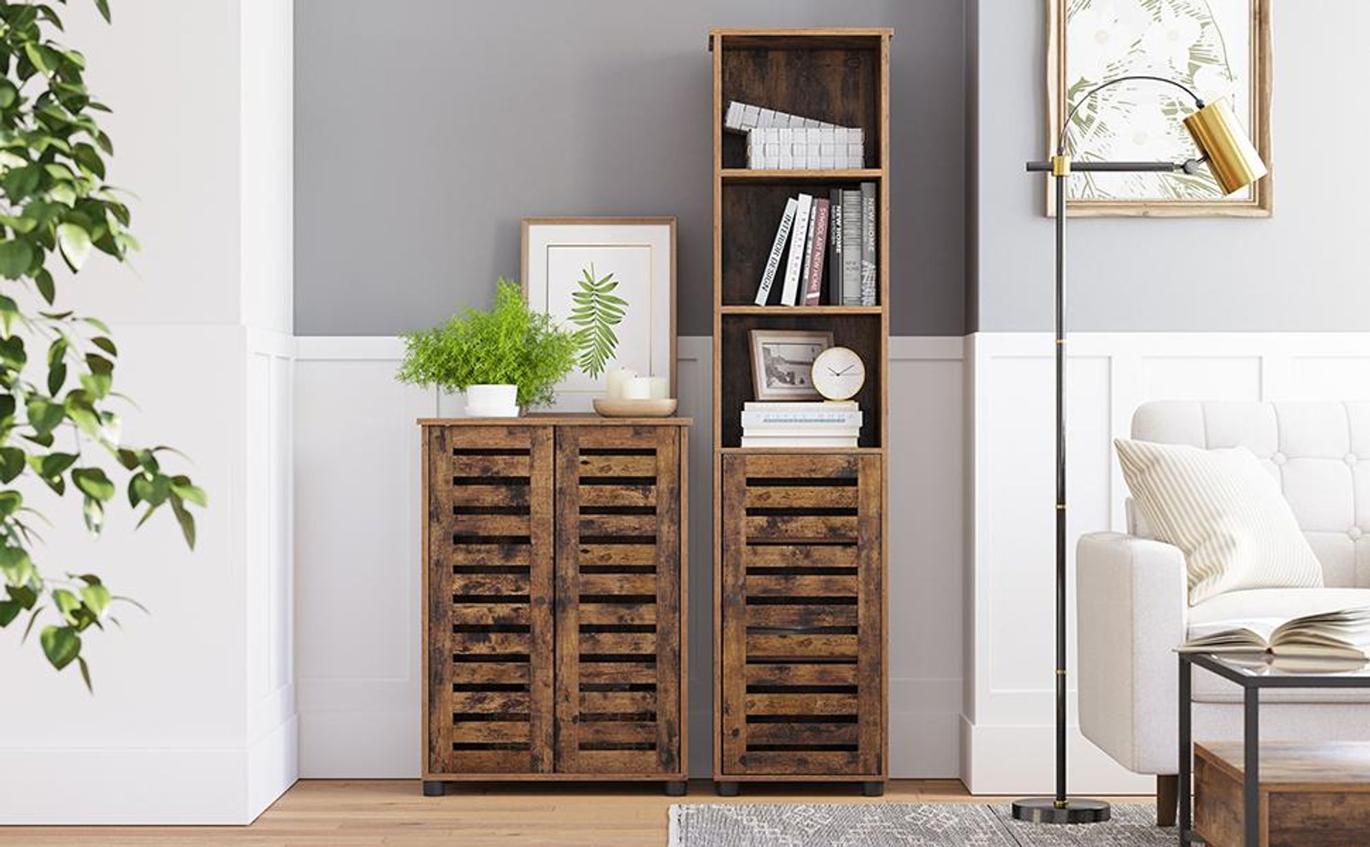 VASAGLE Badezimmerschrank mit Lamellentüren, 2 höhenverstellbare Ablagen