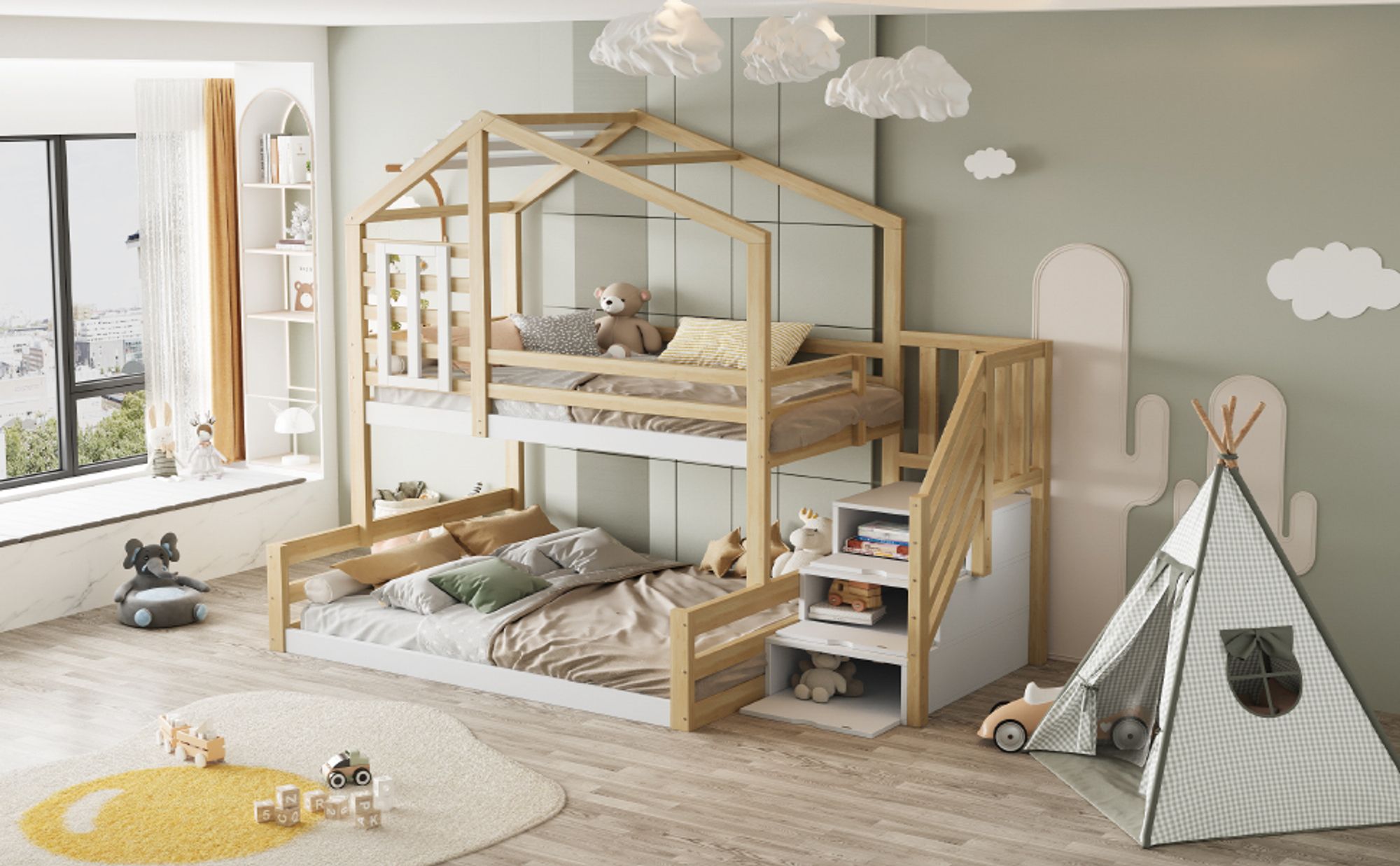 MODFU Etagenbett Kinderbett 90x200cm&140x200cm mit Fenster, Hausform, Hochbett mit Rausfallschutz, Holzbett Stockbett mit Stufentreppe zur Aufbewahrung, Jugendbett Bettgestell, Natur
