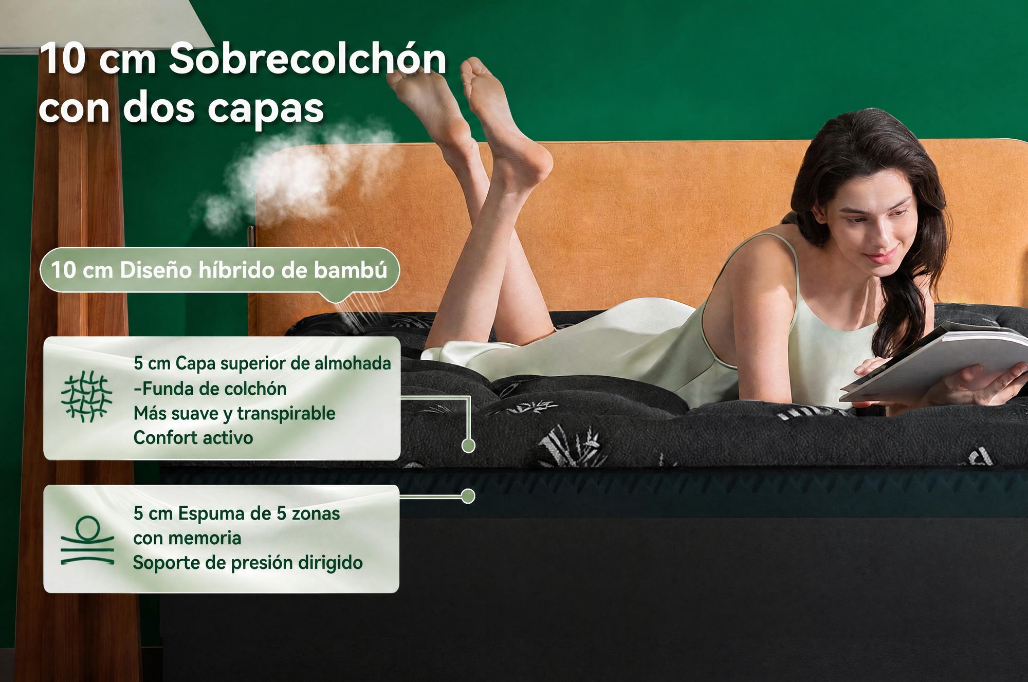 NicePlus, colchón de arriba de 2 en 1, 90x200x10 cm, espuma viscoelástica de 5 zonas + acolchado superior de bambú, con elásticos en las esquinas para adaptarse a todos los colchones, firmeza H2/H3, color negro