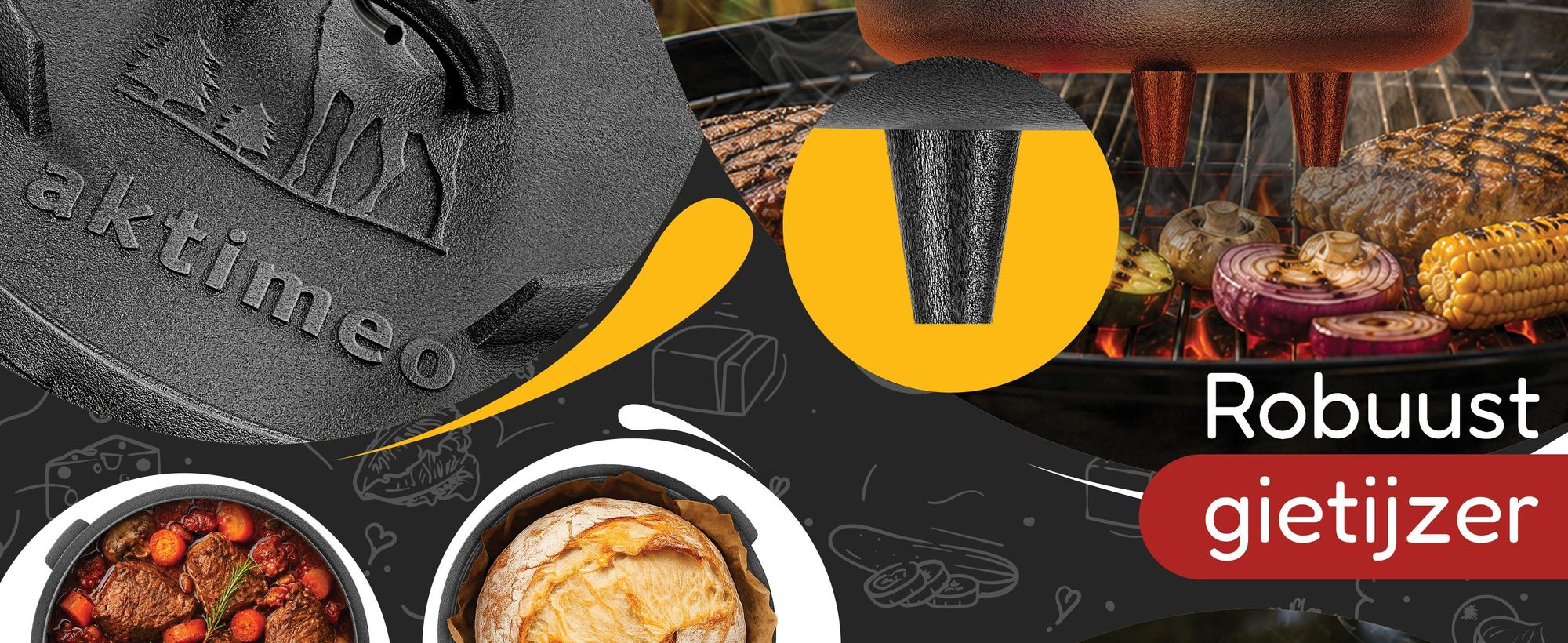 aktimeo Dutch Oven 12,0 L gietijzeren pan met deksel incl. accessoires en receptenboek