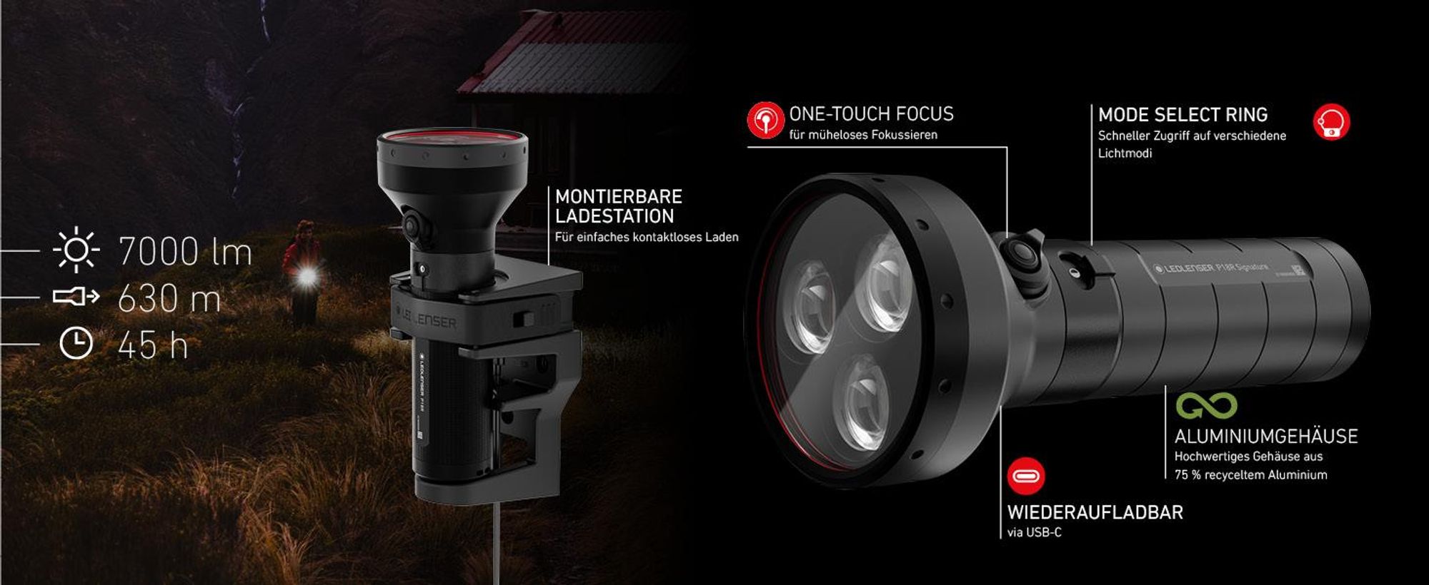 Ledlenser P18R Signature Taschenlampe Schwarz, 7000 Lumen, 630m Leuchtweite, IP68, 45h Laufzeit, USB-C