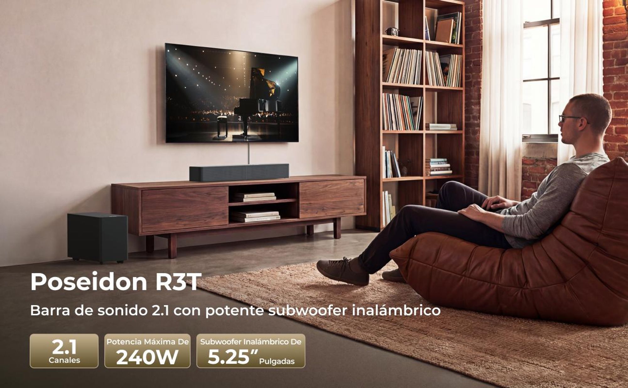 Barra de sonido ULTIMEA de 2.1 canales con subwoofer inalámbrico, 240 W de potencia máxima, tecnología VoiceMX y BassMX, control mediante aplicación, HDMI, Bluetooth® 6.0, modelo Poseidon R3T