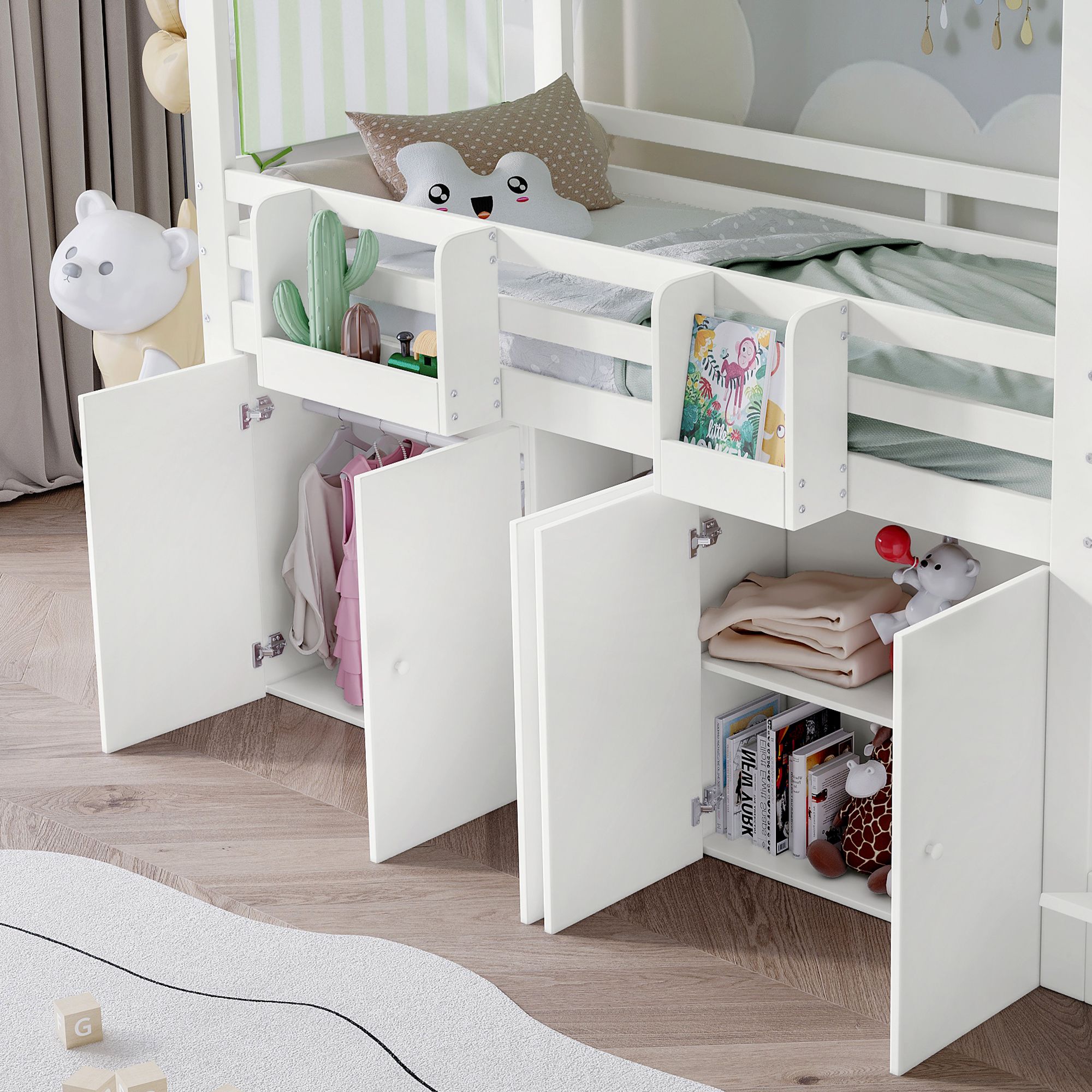 Flieks Etagenbett 90x200cm mit Schrank, Kinderbett Hausbett mit Bettvorhang, Hochbett mit Treppe und Schubladen, Stockbett Holzbett, Weiß