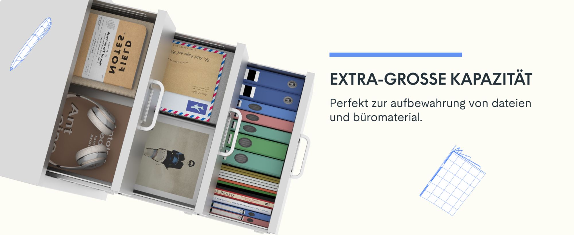 FLEXISPOT Rollcontainer Büroschrank mit 3 Schubladen, Aktenschrank Metallschrank Kommode mit Rädern, Unterschrank für Zuhause und Büro (Weiß)
