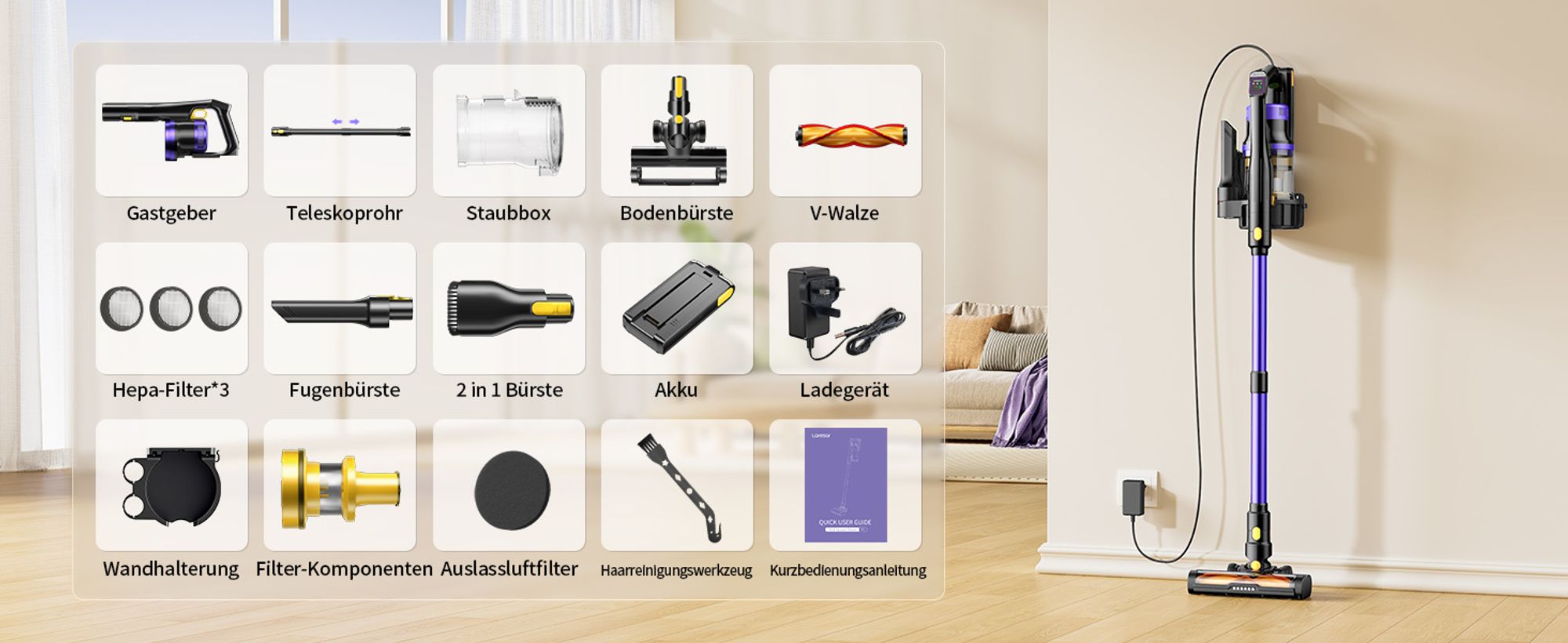 Laresar X11 Akku Staubsauger, 550W/75.000pa Staubsauger Kabellos mit Touchscreen, Bis zu 60 Min Laufzeit, Kabelloser Anti-Tangle-Staubsauger